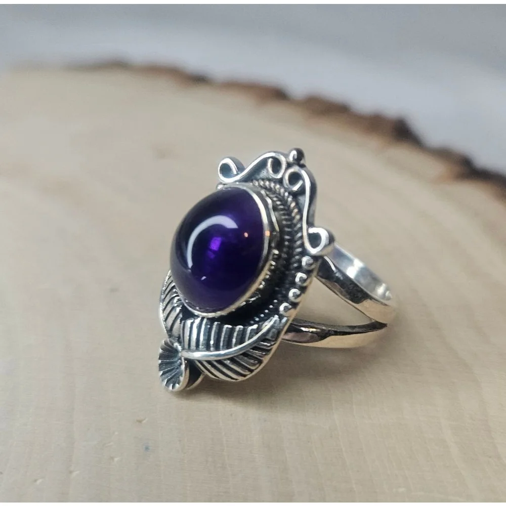 Natural Dark Brazilian Amethyst Sterling Silver Ring 6.5 Cts Artisan Statement